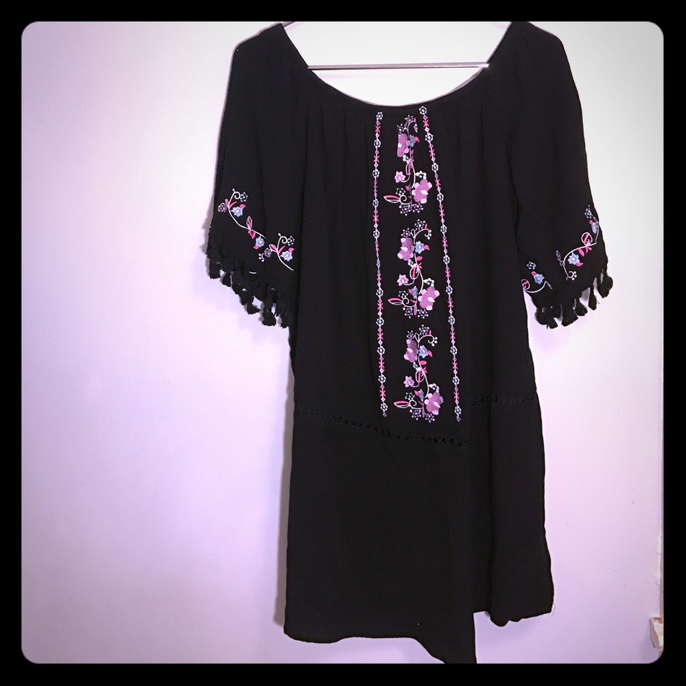 Fringe sleeve boho cotton shift mini dress